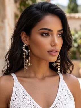 🌟E01. Boho Celestial Gold Sun & Moon Drop Earrings
